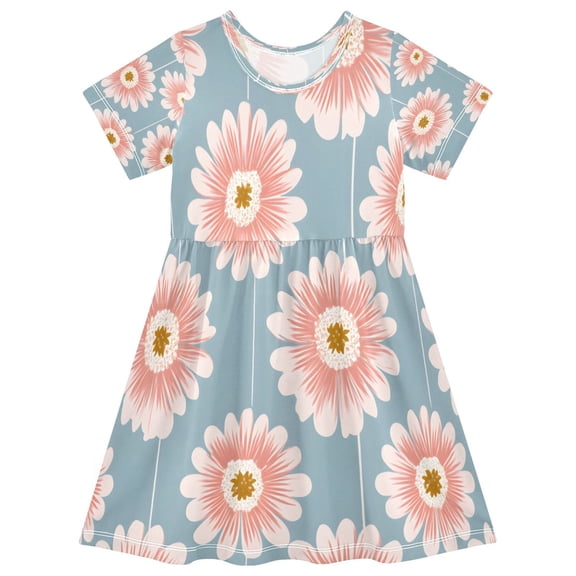 BZSMCE Short Sleeve Dress A-line Silhouette Pink Daisy Pattern Of Pattern