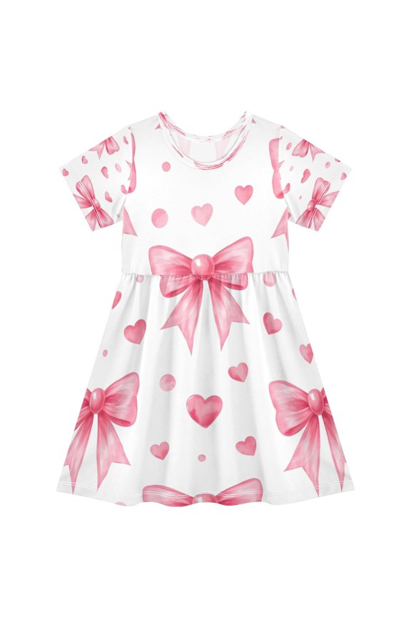 BZSMCE Short Sleeve Dress A-line Silhouette Powder Color Butterfly Thread Love Heart Pattern Of Pattern