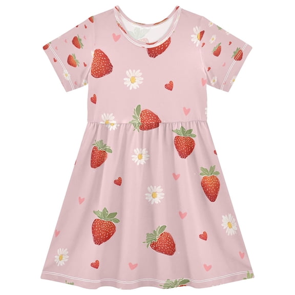 BZSMCE Short Sleeve Dress A-line Silhouette Strawberry Daisy Pattern Of Pattern