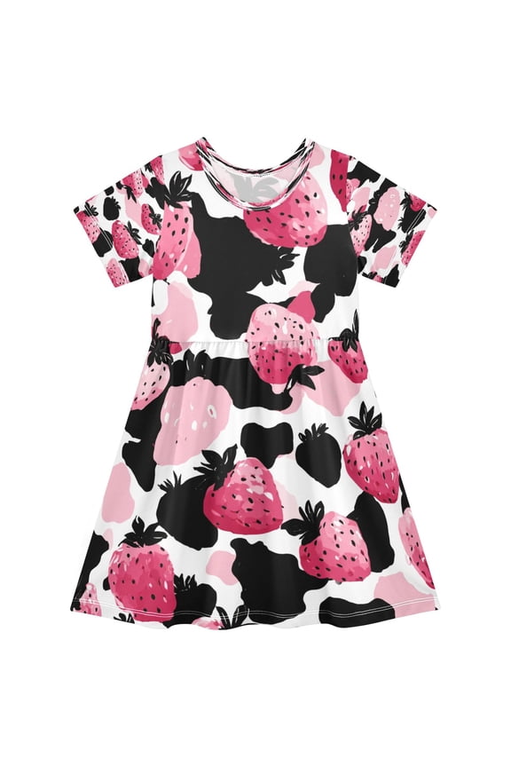 BZSMCE Short Sleeve Dress A-line Silhouette Strawberry Leopard Print Pattern Of Pattern