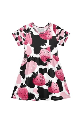 BZSMCE Short Sleeve Dress A-line Silhouette Strawberry Leopard Print Pattern Of Pattern