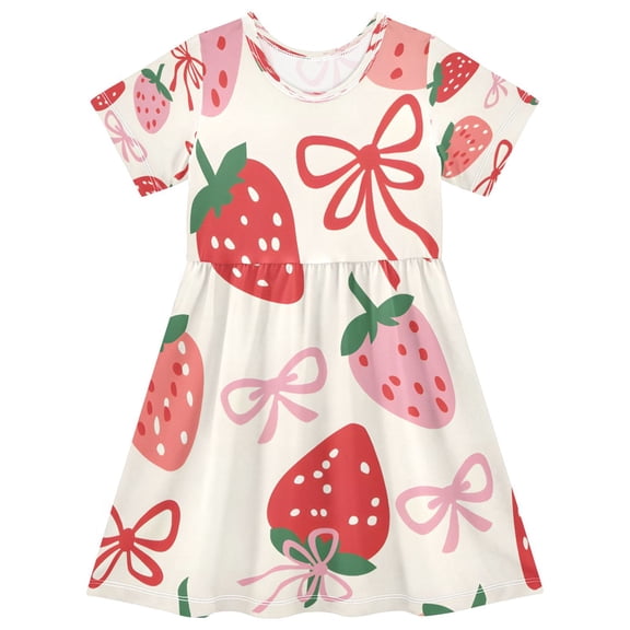 BZSMCE Short Sleeve Dress A-line Silhouette Strawberry Simple Lines Bow Pattern Of Pattern