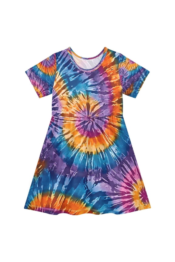 BZSMCE Short Sleeve Dress A-line Silhouette Tie Dye Mandala Pattern Of Pattern