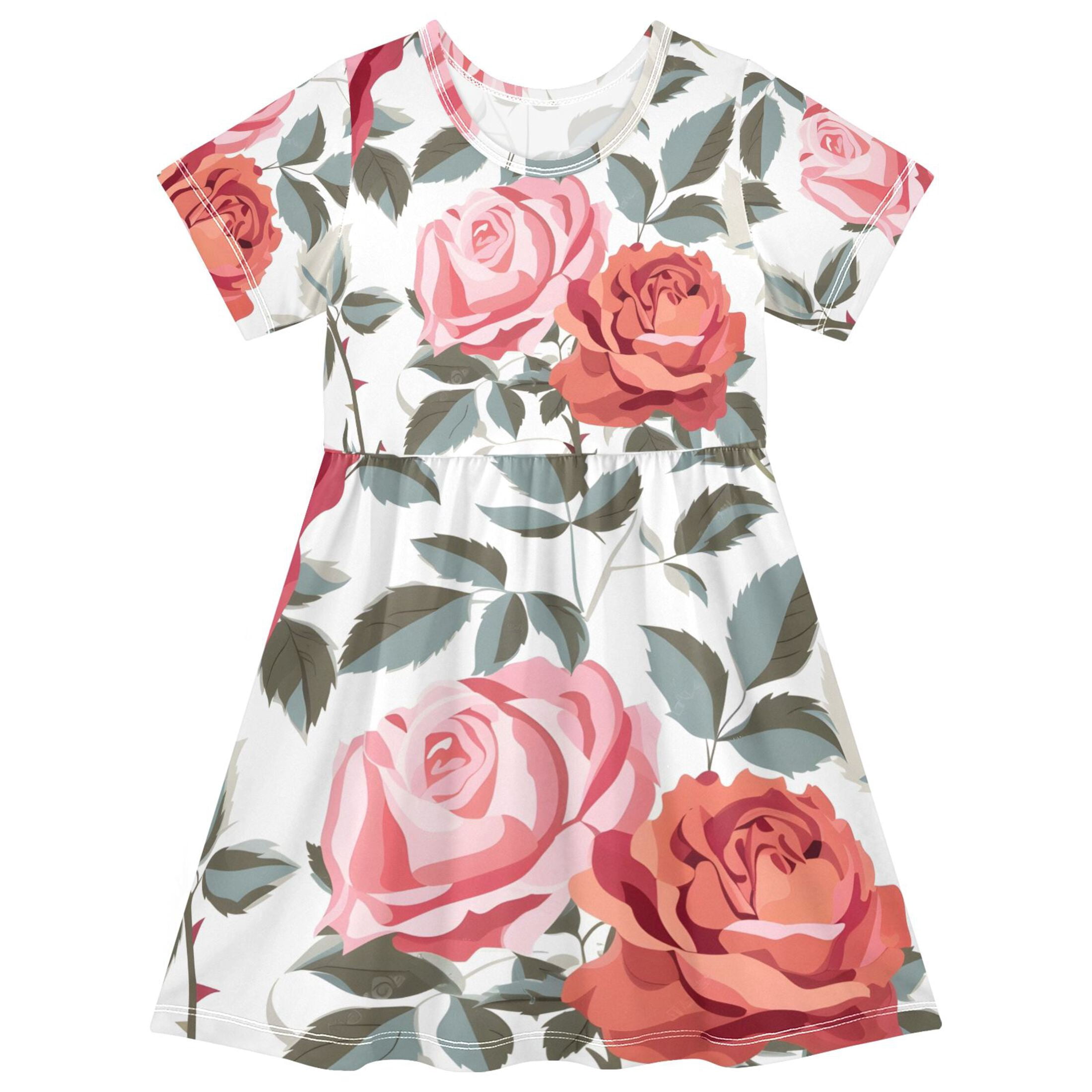 BZSMCE Short Sleeve Dress A-line Silhouette Tile Rose Rose Tile Red ...