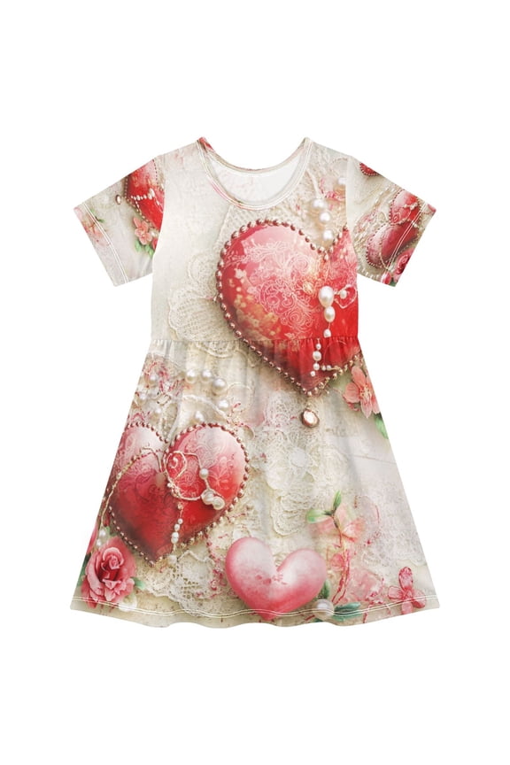 BZSMCE Short Sleeve Dress A-line Silhouette Valentines Day Heart Pattern Of Pattern