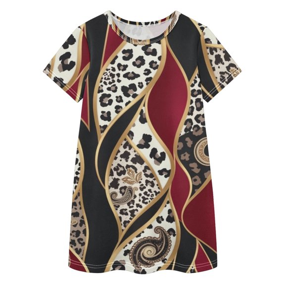 BZSMCE Short Sleeve dress Dress Casual Cotton Dresses-Burgundy Leopard Wave Of Pattern