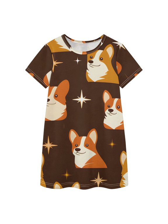 BZSMCE Short Sleeve dress Dress Casual Cotton Dresses-Celestial Corgi Pattern Of Pattern