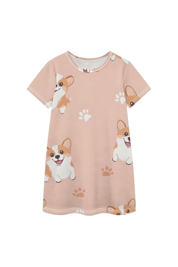 BZSMCE Short Sleeve dress Dress Casual Cotton Dresses-Corgi Dog Paw Prints Pattern Of Pattern