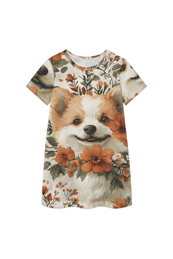 BZSMCE Short Sleeve dress Dress Casual Cotton Dresses-Corgi Flower Pattern Of Pattern