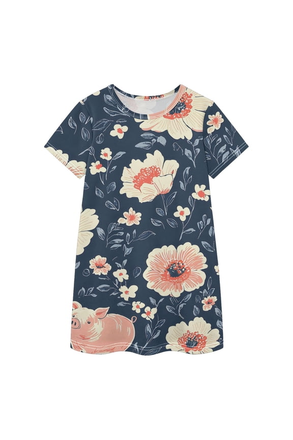 BZSMCE Short Sleeve dress Dress Casual Cotton Dresses-Piggy Floral Navy Pattern Of Pattern