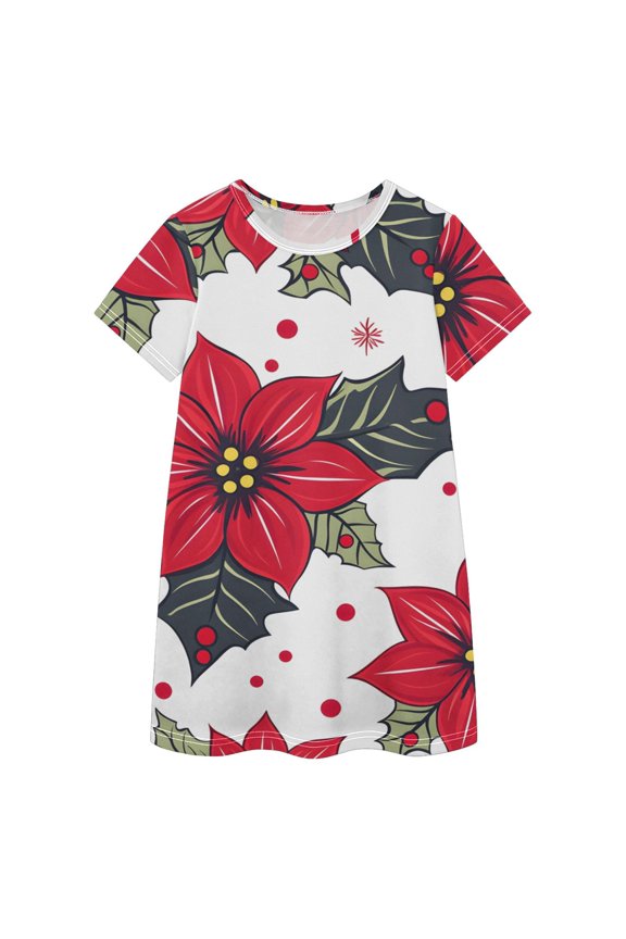 BZSMCE Short Sleeve dress Dress Casual Cotton Dresses-Poinsettia Snow Pattern Of Pattern