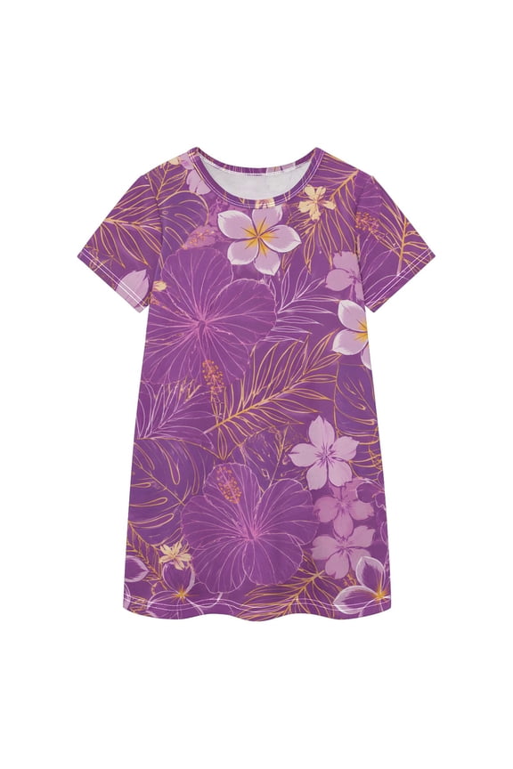 BZSMCE Short Sleeve dress Dress Casual Cotton Dresses-Purple Frangipani Palm Leaves Of Pattern