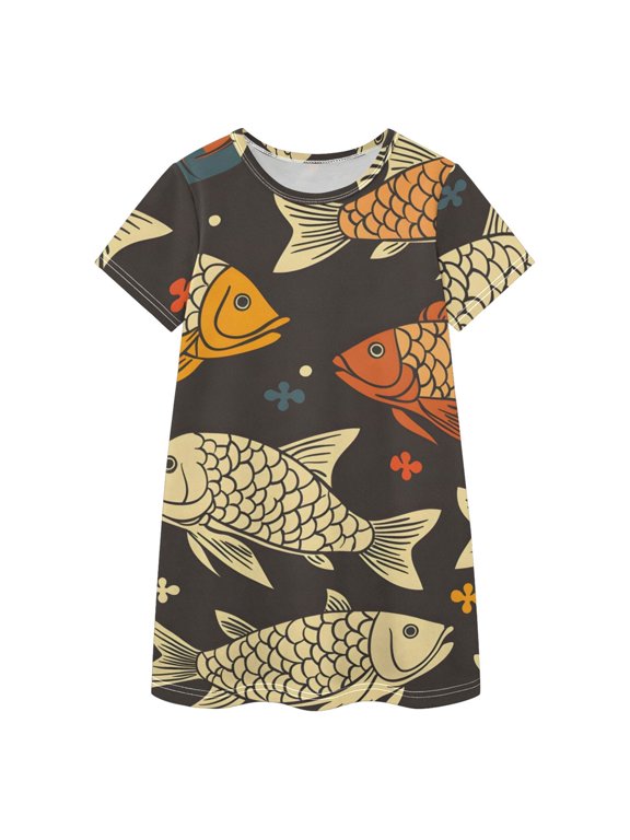 BZSMCE Short Sleeve dress Dress Casual Cotton Dresses-Retro Koi Fish Pattern Of Pattern