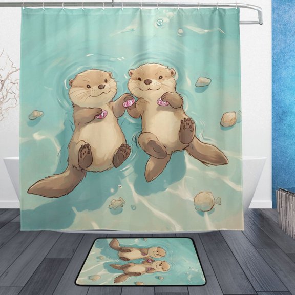 BZSMCE Shower Curtain and Bath Accessory Set,Adorable Otter Friends Floating Pattern