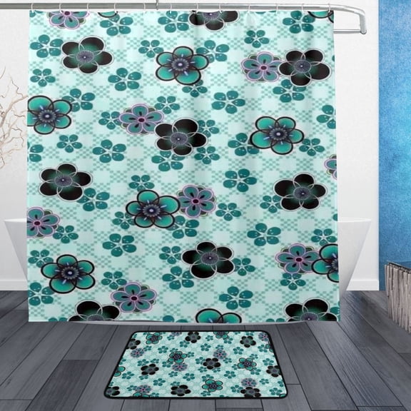 BZSMCE Shower Curtain and Bath Accessory Set,Aquatic Floral Mosaic Pattern