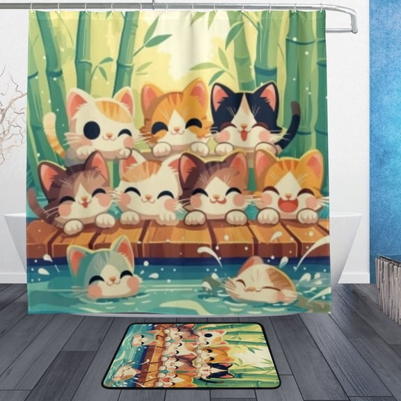 BZSMCE Shower Curtain and Bath Accessory Set,Bamboo Edge Cats and Fishes Pattern