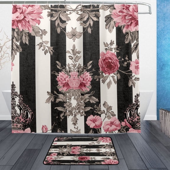 BZSMCE Shower Curtain and Bath Accessory Set,Black White Stripes Pink Roses Pattern
