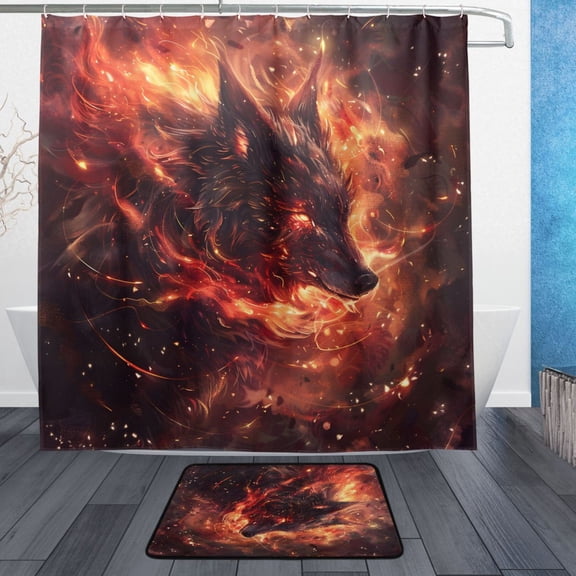 BZSMCE Shower Curtain and Bath Accessory Set,Black Wolf Flame Dream Pattern