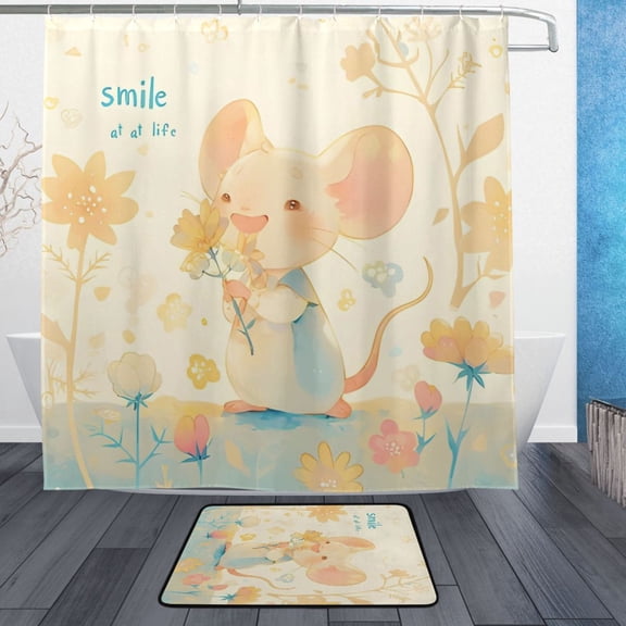 BZSMCE Shower Curtain and Bath Accessory Set,Blossom Mouses Smile Pattern