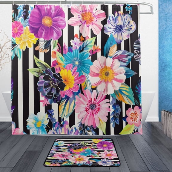 BZSMCE Shower Curtain and Bath Accessory Set,Bold Floral Stripes Pattern