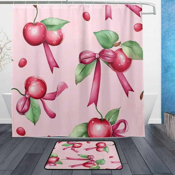 BZSMCE Shower Curtain and Bath Accessory Set,Bows & Cherries Pattern