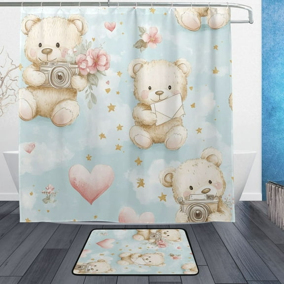 BZSMCE Shower Curtain and Bath Accessory Set,Camera-ready Teddy Friends Pattern