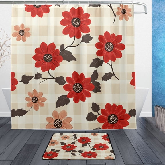 BZSMCE Shower Curtain and Bath Accessory Set,Cherry Blossom Check Pattern