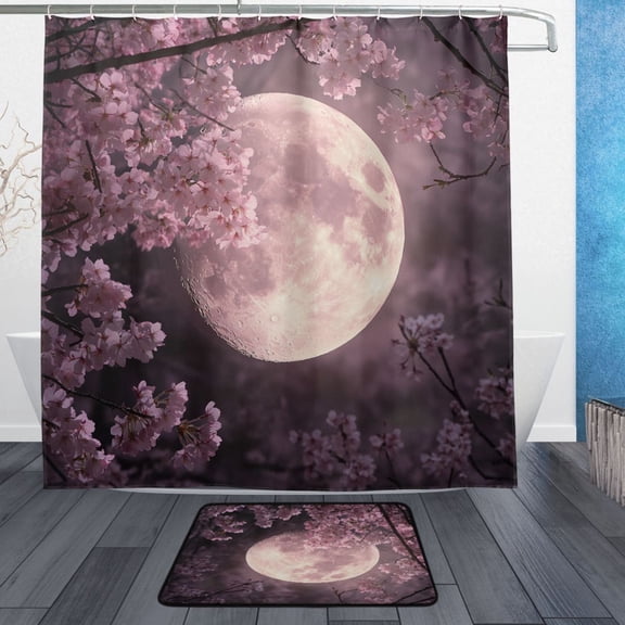 BZSMCE Shower Curtain and Bath Accessory Set,Cherry Blossom Moon Glow Pattern