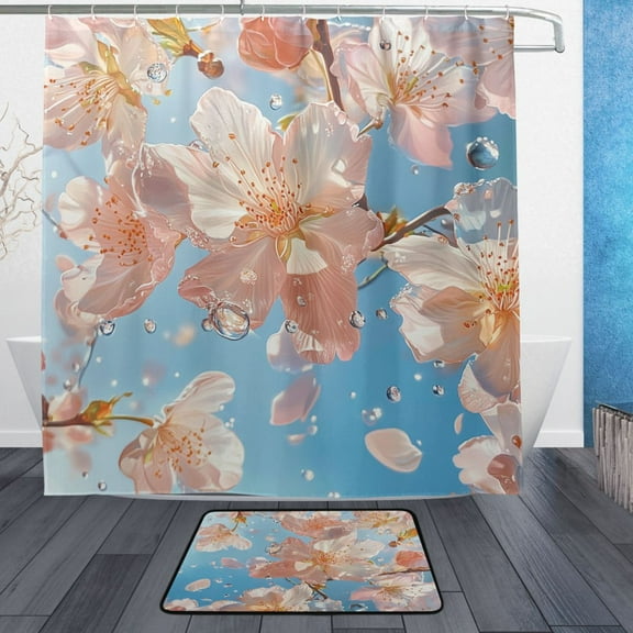 BZSMCE Shower Curtain and Bath Accessory Set,Cherry Blossoms Pattern