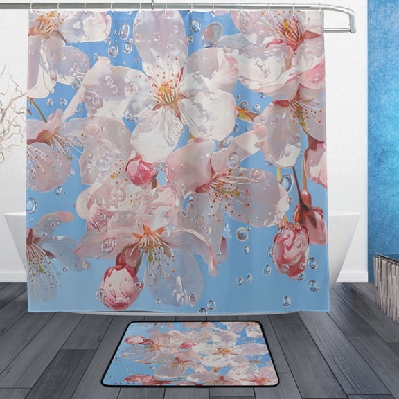BZSMCE Shower Curtain and Bath Accessory Set,Cherry Blossoms Rain Pattern