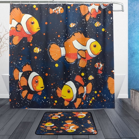 BZSMCE Shower Curtain and Bath Accessory Set,Clownfish Dark Motif Pattern