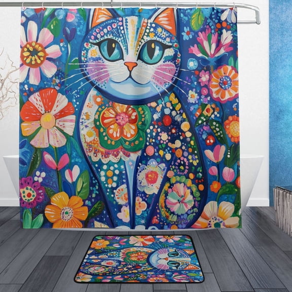 BZSMCE Shower Curtain and Bath Accessory Set,Colorful Cat Oasis Pattern