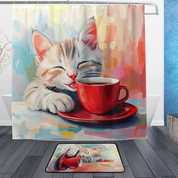 BZSMCE Shower Curtain and Bath Accessory Set,Cozy Cat Coffee Time Pattern