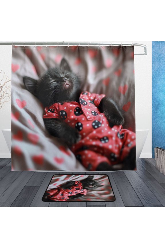 Shower Curtain and Bath Accessory Set,Cozy Kitten in Heart Pajamas Pattern