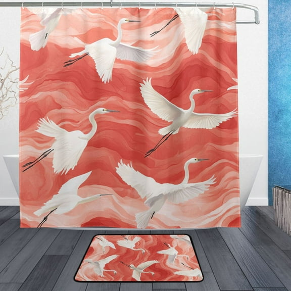 BZSMCE Shower Curtain and Bath Accessory Set,Cranes in Coral Waves Pattern