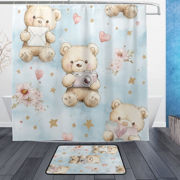 BZSMCE Shower Curtain and Bath Accessory Set,Cuddly Bears and Memories Pattern