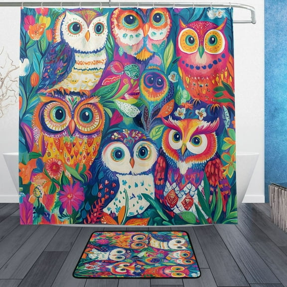 BZSMCE Shower Curtain and Bath Accessory Set,Fantasy Owls Amidst Petals Pattern