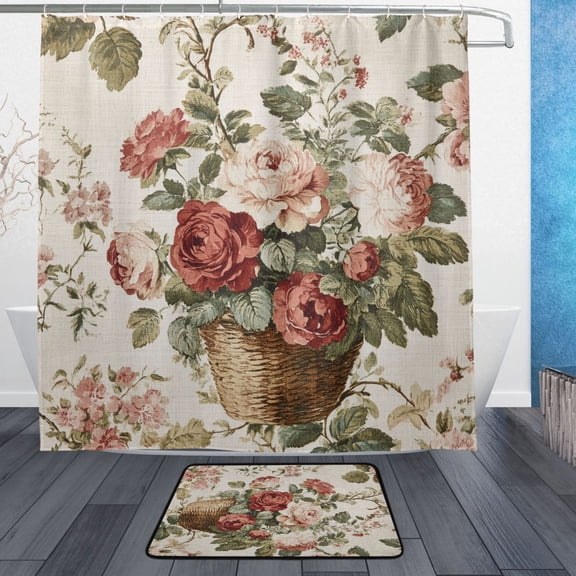 BZSMCE Shower Curtain and Bath Accessory Set,Floral Basket Delight Pattern