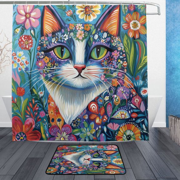 BZSMCE Shower Curtain and Bath Accessory Set,Flower Crown Feline Pattern