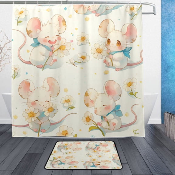 BZSMCE Shower Curtain and Bath Accessory Set,Flower Mice Pattern