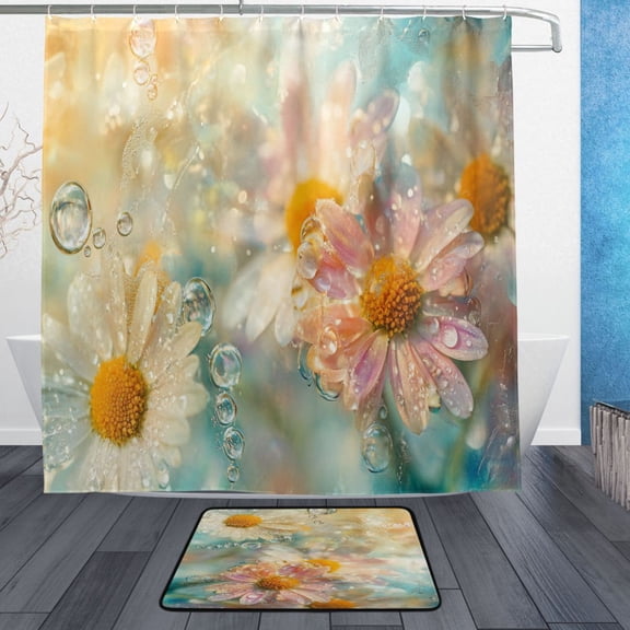 BZSMCE Shower Curtain and Bath Accessory Set,Flowers Water Bubbles Pattern