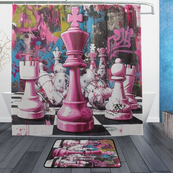 BZSMCE Shower Curtain and Bath Accessory Set,Graffiti Chess Showdown Pattern
