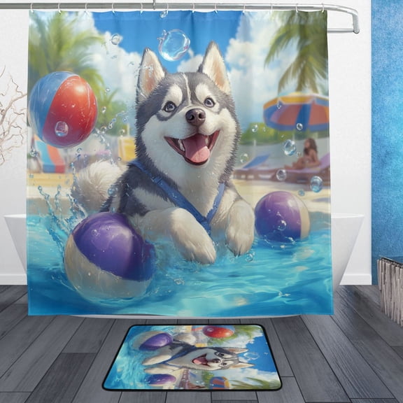 BZSMCE Shower Curtain and Bath Accessory Set,Husky's Splashing Good Time Pattern