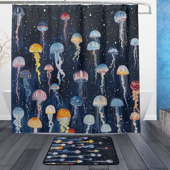 BZSMCE Shower Curtain and Bath Accessory Set,Jellyfish Night Parade Pattern