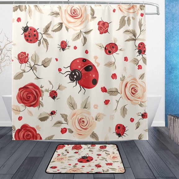 BZSMCE Shower Curtain and Bath Accessory Set,Ladybug Roses Pattern
