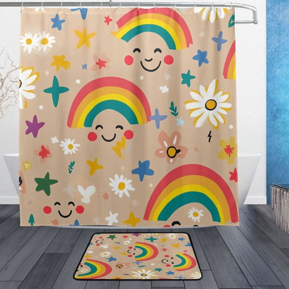 BZSMCE Shower Curtain and Bath Accessory Set,Laughing Rainbows Pattern