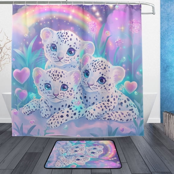 BZSMCE Shower Curtain and Bath Accessory Set,Leopard Trio under The Rainbow Pattern