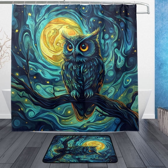 BZSMCE Shower Curtain and Bath Accessory Set,Moonlit Guardian Pattern