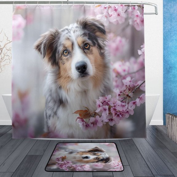 BZSMCE Shower Curtain and Bath Accessory Set,Pale Blossom Collie Pattern