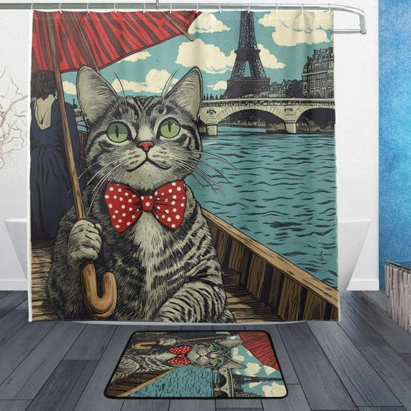 BZSMCE Shower Curtain and Bath Accessory Set,Parisian Feline Pattern